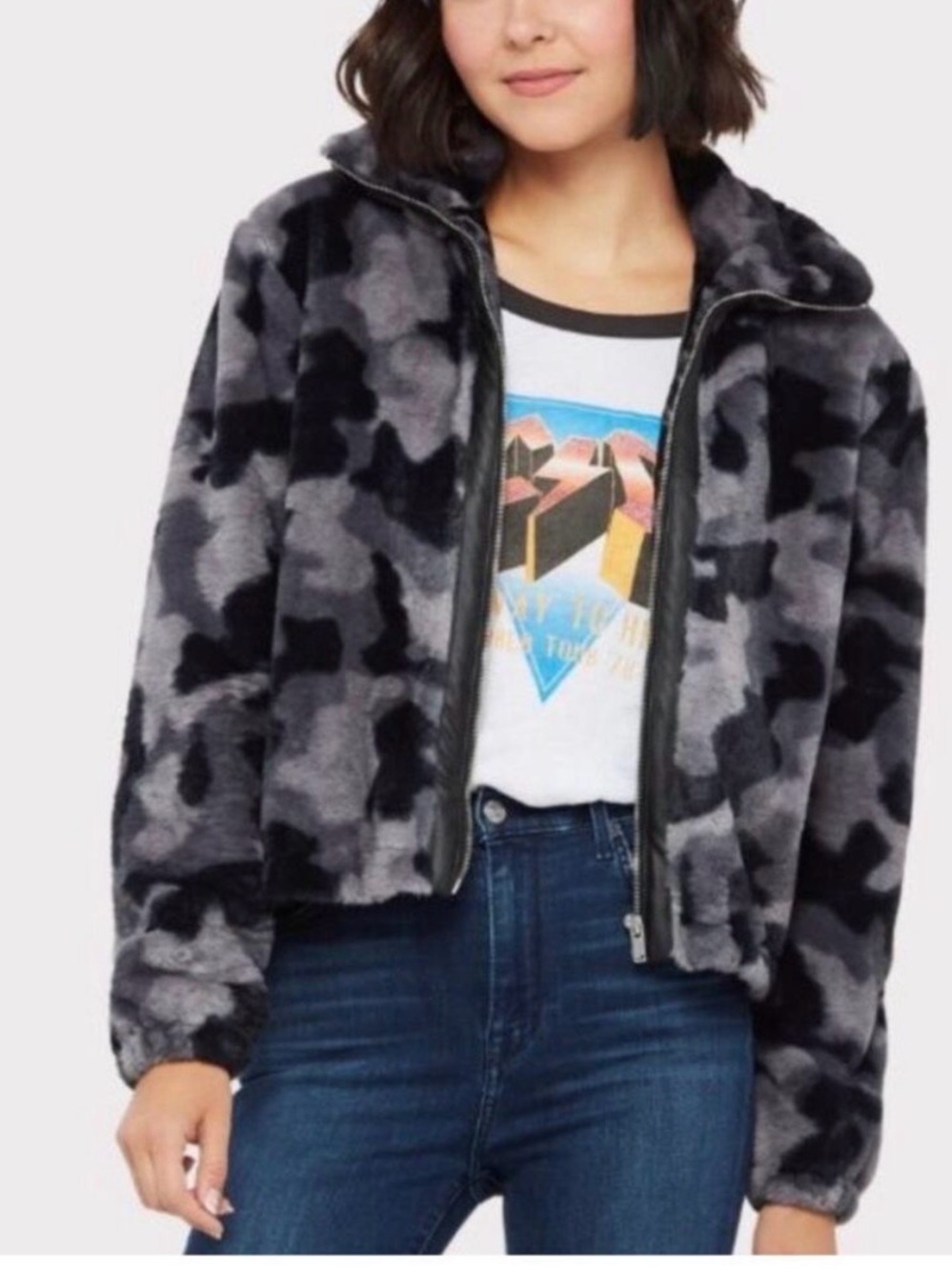 Peyton Jensen Womens Grey Camo Faux Fur Zip Jacket